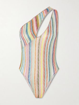 Missoni Costume Da Bagno Monospalla Cut-out In Maglia Crochet Con Finiture Metallizzate A Righe Mare - Verde