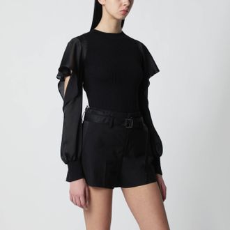 sacai Black Knit Top With Semi Sheer Sleeves