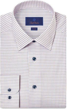 David Donahue Trim Fit Check Cotton Dobby Dress Shirt in White/Orange at Nordstrom, Size 14.5 - 32