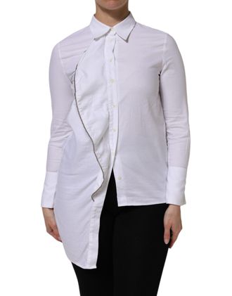 Aglini White Cotton Collared Long Sleeves Ruffle Top Womens Shirt