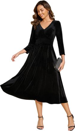 Ever-pretty Women Dress Velvet Wedding Guest Midi Dress Elegant Pleated High Waisted with V-Neck and Long Sleeve Black 16UK