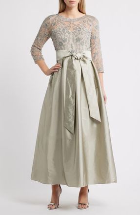 Pisarro Nights Beaded Illusion Neck Taffeta Cocktail Dress in Silver at Nordstrom, Size 16