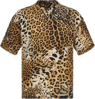 Roberto Cavalli T-shirt met Jaguar Skin print - Heren - T-shirts - Bruin - S - Katoen - Tops
