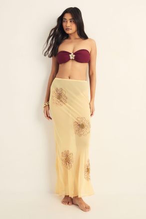 NASTY GAL Womens Flower Embellished Maxi Beach Skirt - Yellow - Size 12 UK