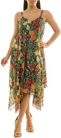 Nina Leonard Patterned Handkerchief Hem Dress in Black/green Multi at Nordstrom Rack, Size X-Large
