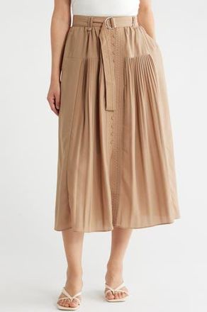Adrianna Papell Belted Button Front Pleated Midi Skirt in Taos Taupe at Nordstrom Rack, Size X-Small