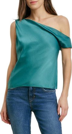 Favorite Daughter The Side Note One-Shoulder Satin Top in Emerald at Nordstrom, Size X-Large