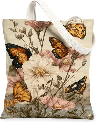 Generic Butterfly Floral Canvas Tote Bags, Nature Flower Design Reusable Grocery Bags, Spring Vintage Lightweight Washable Shoulder, Beige, 13x15 Inch