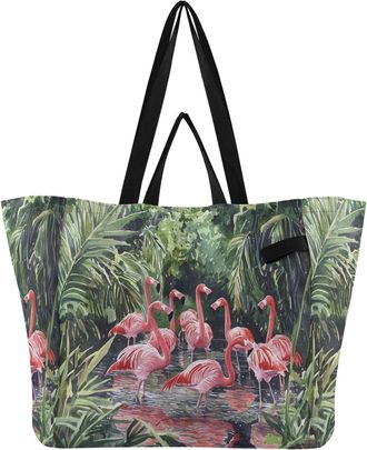 Generic Pink Flamingo Plants print Reusable Canvas Tote Bag, Heavy Duty Grocery Shopping Bag with Large Capacity Hard Bottom Double Handles Work Groceries Tra