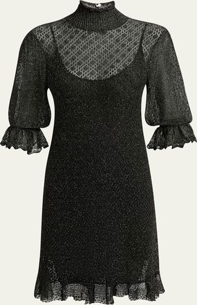 Chlo&eacute; Turtleneck Metallic Open Knit Puff-Sleeve Dress