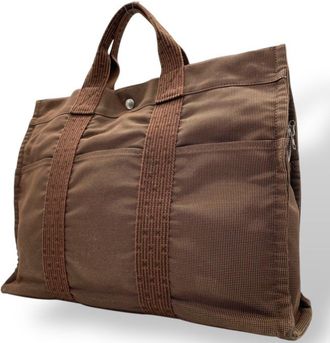 Herm&egrave;s Brown Canvas Handbag Tote Bag (Pre-Owned)