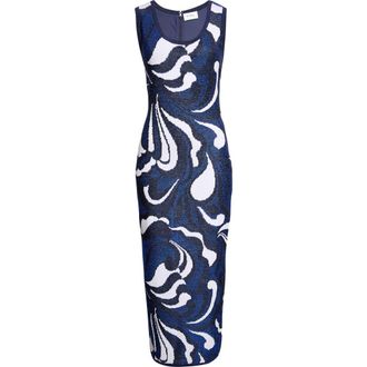 St. John Lynn Metallic Scroll Jacquard Sweater Dress in Midnight/Cobalt Metallic at Nordstrom, Size X-Small