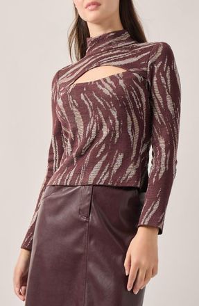 Misook Cutout Jacquard Mock Neck Knit Top in Mahogany Macchiato New Ivory at Nordstrom, Size Large