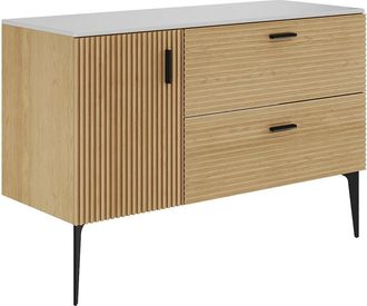Vente-Unique Mueble bajo lavabo estriado con patas con tablero - 1 puerta y 2 cajones - Natural claro - 120 cm - SARONE