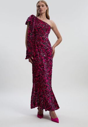 Karen Millen Womens Petite Velvet Sequin One Shoulder Woven Maxi Dress - Purple - Size 8 UK