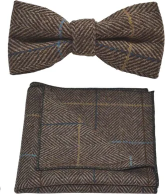 King & Priory Walnut Brown Herringbone Check Bow Tie & Pocket Square Set