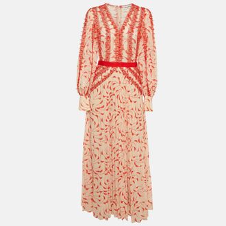 Self Portrait Cream/red Printed Chiffon Guipure Lace Trim Plisse Dress