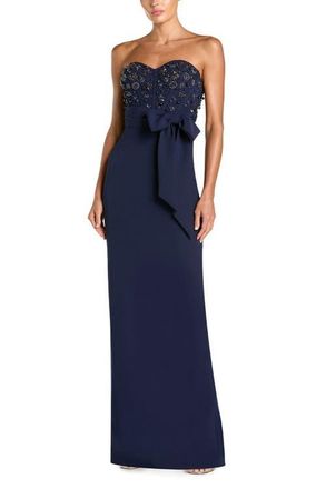 Mac Duggal Strapless Embellished Bustier Gown with Bow in Midnight at Nordstrom, Size 10