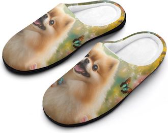 Generic Pomeranian Dog Butterfly Womens Slippers Warm House Slippers Indoor House Shoes with Anti-Skid Rubber Sole