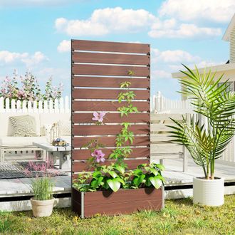 OUTSUNNY Raised Garden Bed with Trellis Standing Patio Planter Box in Light Brown