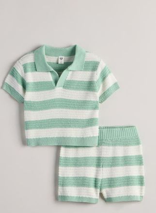 Nordstrom Cotton Blend Knit Polo Sweater & Shorts Set in Ivory- Green Kinsley Stripe at Nordstrom, Size 18M