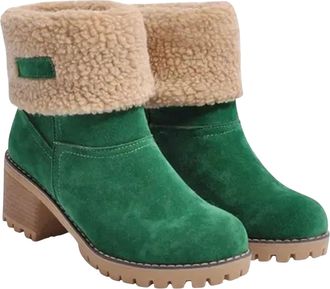 Generic Womens Winter Snow Boots Ladies Fur Lined Mid Calf Boots Suede Outdoor Ankle Boot Warm Round Toe Comfort Slip on Walking Shoes Footwear Green