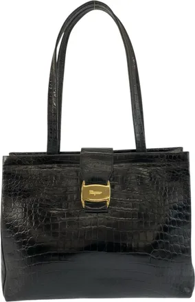 Ferragamo Black Leather Shoulder Bag Tote Bag (Pre-Owned)