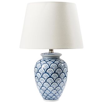 Beliani L&aacute;mpara De Mesa Base De Porcelana Pantalla De Luz De Lino Adornada Con Patr&oacute;n Iluminaci&oacute;n Sala De Estar Dormitorio Azul Y Blanco Jauca
