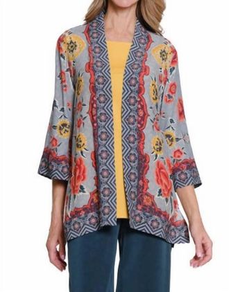 Multiples 3/4 Sleeve Banded Open Front Jacket In Multi