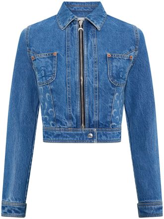 Marine Serre Cropped Denim Trucker Jacket with Crescent Moon Patterns