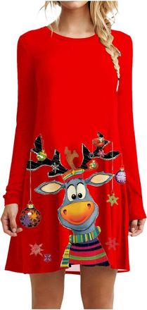 Generic Christmas Dresses for Women UK Long Sleeve Oversized Jumper Dress with Wine Glass & Reindeer Print Funny Ugly Christmas Sweater Dress for Xmas Party F
