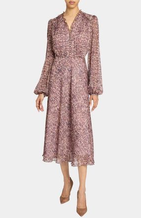 Santorelli Amal Long Sleeve Fit and Flare Midi Dress in Printed Georgette in Dusty Lilac Multi at Nordstrom, Size 10
