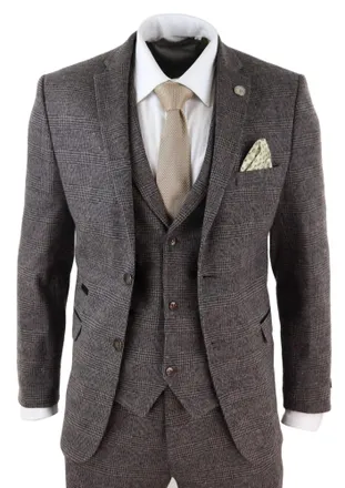 TruClothing STZ17 Wool 3 Piece Check Suit Tweed Brown