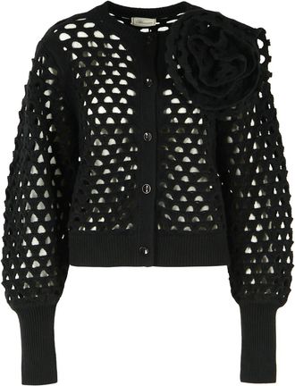 Blumarine Black Rose Detail Openwork Wool Cardigan