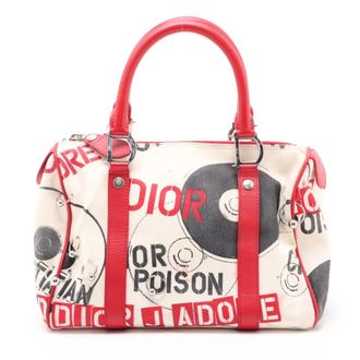 Dior Red Color White Leather Canvas Boston Bag Handbag Tote Bag (Pre-Owned)