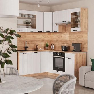 Vicco Cocina Esquinera Fame-line, Blanco Casa De Campo, 190 X 60 Cm, Et Roble, Vicco