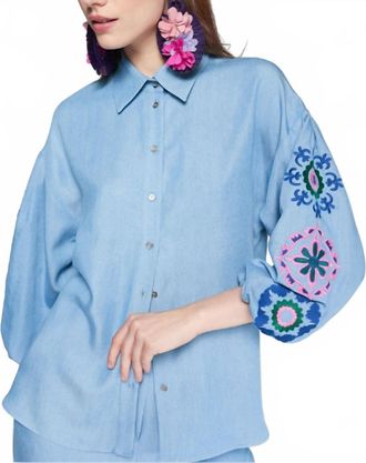 Vilagallo Button Down Embroidered Long Sleeve Blouse In Light Blue
