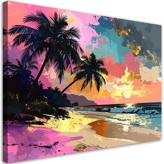 Feeby Cuadro Sobre Lienzo, Playa Tropical Colorida Mar Y Palmeras, 100x70