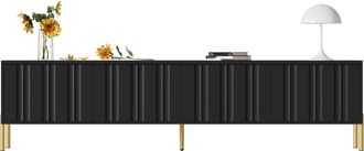 STILVORA Mueble Tv Con 4 Puertas Y 8 Estantes, Dise&ntilde;o Acanalado Vertical, Patas Doradas 15 Cm, En Mdf Y Aglomerado, Negro, 190&times;38&times;48 Cm