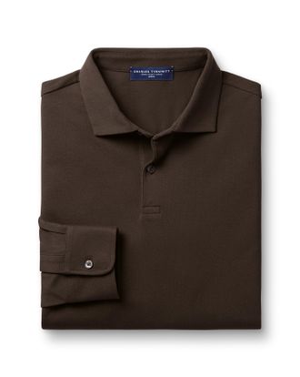 CHARLES TYRWHITT Long Sleeve Smart Pique Cotton Polo - Chocolate Brown Size Large by Charles Tyrwhitt