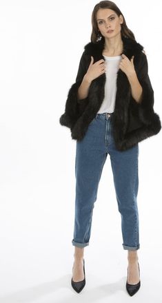 JayLey Womens Faux Fur Suede Cape Jacket - Black - One Size