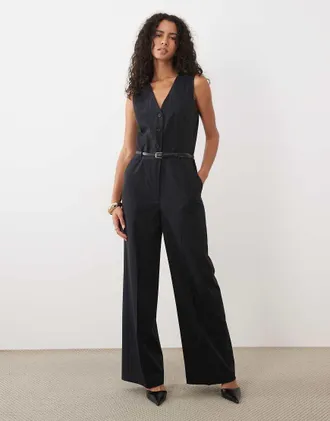 Mango tuta jumpsuit sartoriale con scollo a V e cintura a righe navy-blu navy