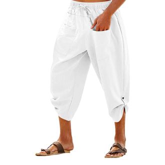 Generic Mens Cotton Linen Cropped Trousers Harem 3/4 Length Shorts Casual Beach Yoga Hippie Thai Shorts Elastic Waist Drawstring Breathable Comfortable Casual
