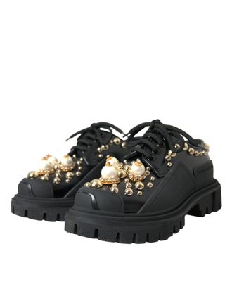 Dolce & Gabbana Womens Black Leather Trekking Derby Embellished Shoes