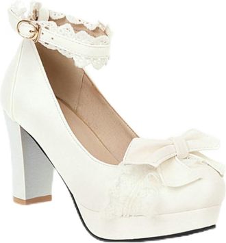 Generic Womens Chunky Heel Lolita Shoes Platform Ankle Strap Pumps Sweet Style Mary Jane Heels for Party,White,6.5 UK