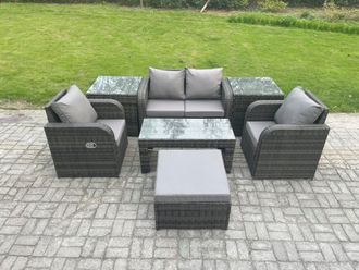 Fimous Rattan Lounge Sofa Set 7 PCS Outdoor Garden Furniture Set with Rectangular Coffee Table Love Sofa 2 Side Tables in Dark Grey