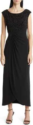 Connected Beaded Bodice Cap Sleeve Faux Wrap Cocktail Dress in Gold at Nordstrom Rack, Size 16