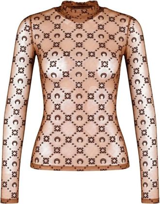 Marine Serre Moonogram Mesh Flock Second Skin Highneck Top - Dames - Tops - Bruin - Maat: S Polyamide