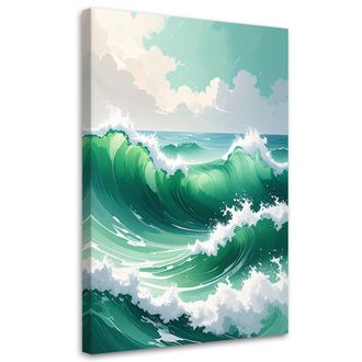 Feeby Cuadro Sobre Lienzo, Olas Del Mar Paisaje En Tonos Pastel Verdes, 80x120