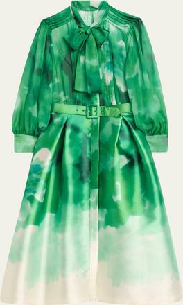 Teri Jon Pleated Tie-Neck Mixed Media Midi Shirtdress